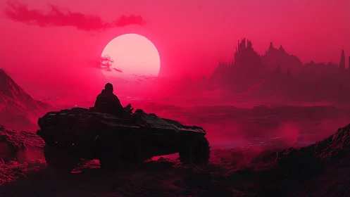 Crimson rover sentinel under an oversized alien sunset.