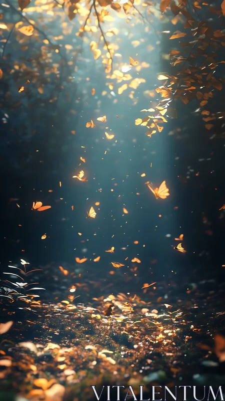 Golden butterflies drift through sunlit forest clearing.