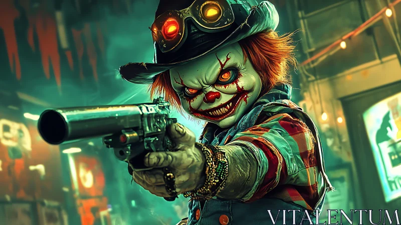 Sinister cyberpunk clown gunslinger confronts the viewer