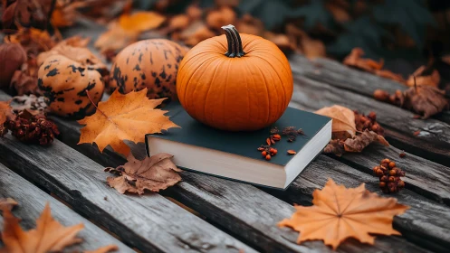 Small pumpkin rests on closed book among autumn leaves