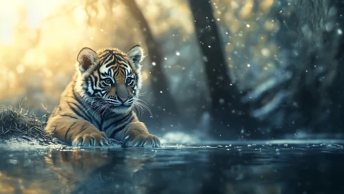 Curious tiger cub daydreams by a sparkling forest stream.