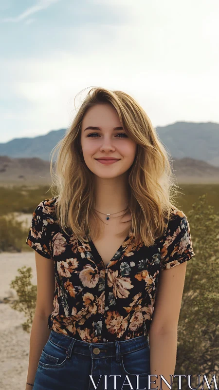 Smiling blonde woman stands in soft desert daylight portrait