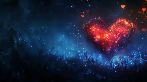 Luminescent Heart Rendered Against Nocturnal Botanical Landscape
