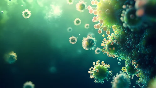 Microscopic viral particles rendered with bokeh depth and volumetric light