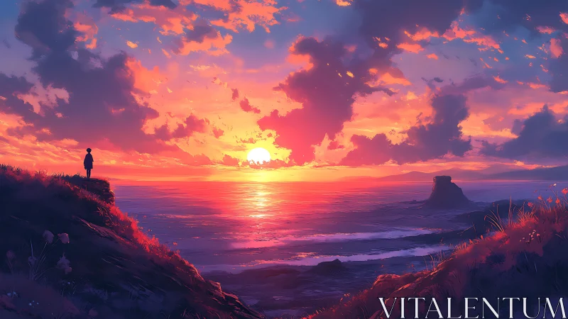 Silhouetted figure watches stylized sunset over vivid ocean