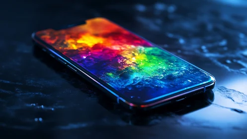 Smartphone screen emits vivid neon spectrum on wet surface
