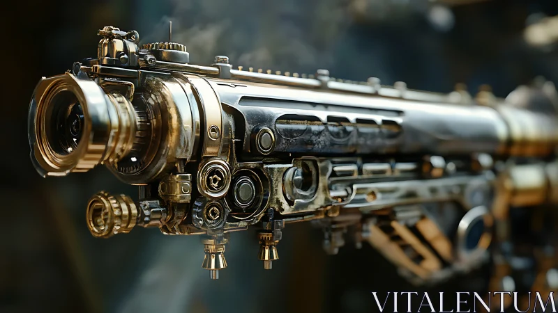 Steampunk sniper rifle gleams with ornate brass mechanics