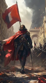 Revolutionary commander strides beneath burning city skies.