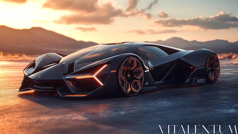 Hyperreal concept supercar rendered at sunset in dynamic low angle