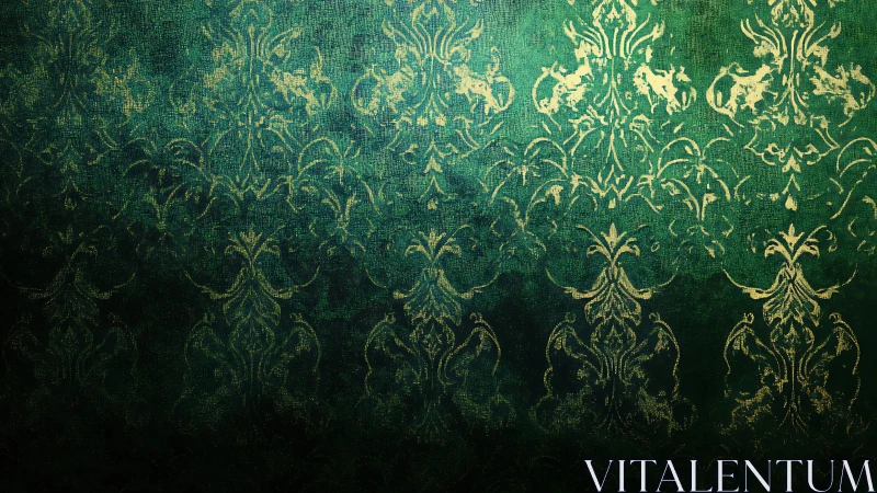 Vintage green damask wallpaper fades into dark shadow.