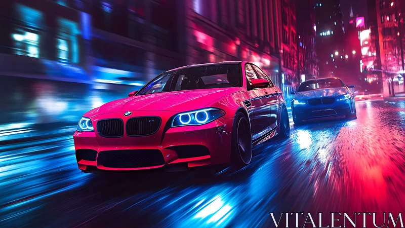 Two performance cars move through neon lit wet city street