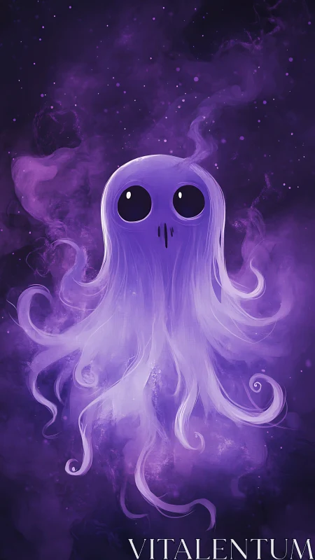 Purple ghostly jellyfish character in cosmic mist.