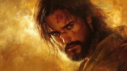 Battle hardened wanderer holds a steady, unyielding gaze