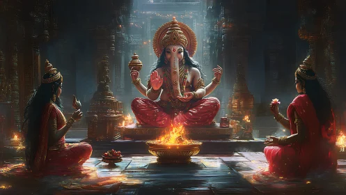 Divine elephant-headed deity in temple fire ritual scene.