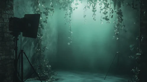 Studio lighting equipment illuminates misty ivy backdrop