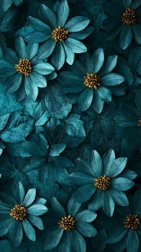 Teal Flowers with Gold Centers Against Dark Foliage.