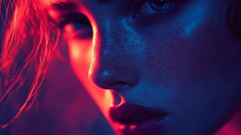 Close-up portrait in contrasting red and blue neon light.