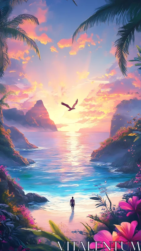 Solitary figure walks toward radiant tropical sunset horizon