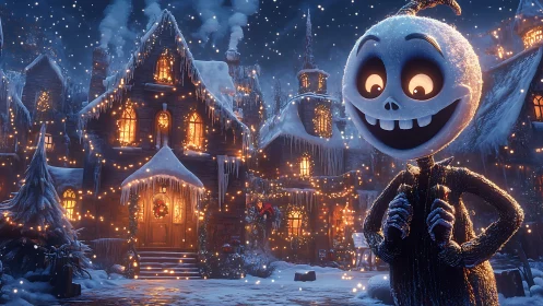 Snowy skeleton character in illuminated winter village scene.