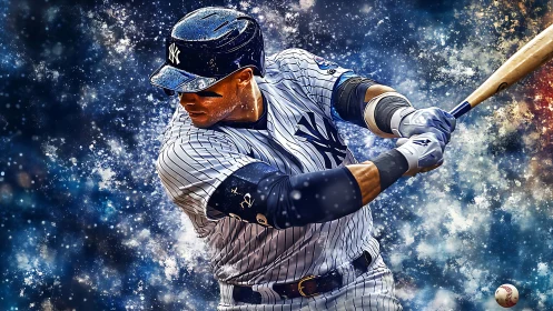 Dynamic baseball slugger amid explosive cosmic spray.