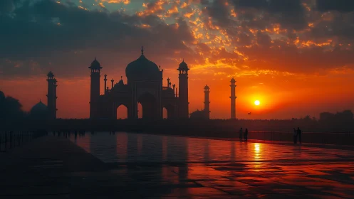 Silhouetted domed structure stands against low sunrise sky
