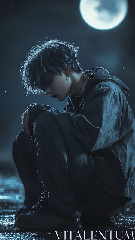 Moonlit loner crouches in reflective blue night rain.