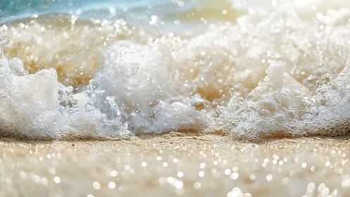Sunlit shorebreak surf forms sparkling foamy textures.