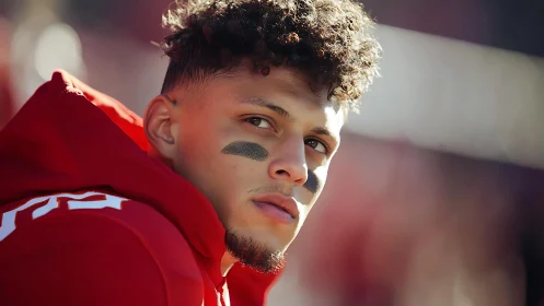 Focused football player in red hoodie under stadium sunlight.