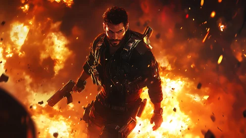 Armed Operative Surrounded by Inferno Explosions
