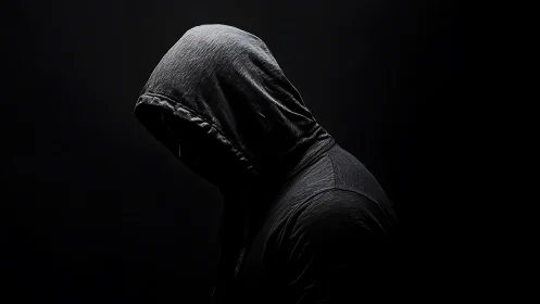 Hooded figure in dramatic low key lighting evokes mystery.