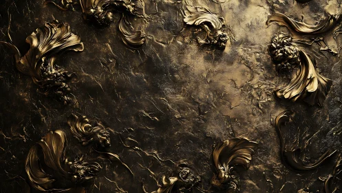 Baroque metallic swirls on dark textured abstract surface.
