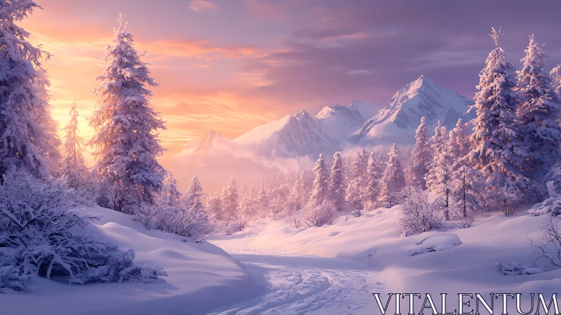 Snowy forest valley under pastel winter sunrise glow.
