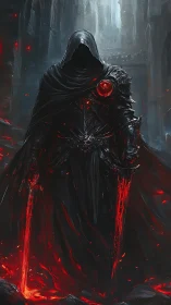 Ember cloaked warlock guarding a molten cathedral gate.
