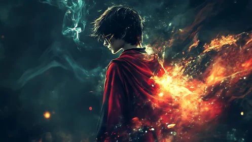 Young mage commands erupting fire cloak in smoky void.