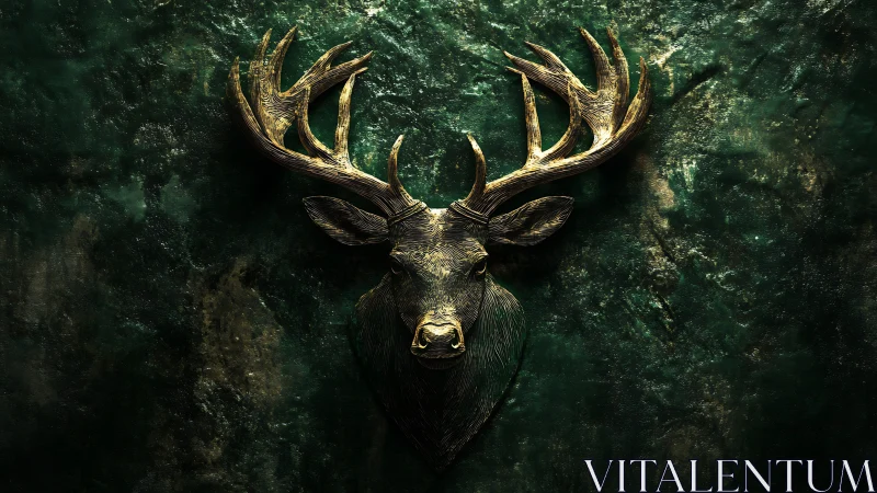 Antlered emerald guardian carved in burnished golden wood.