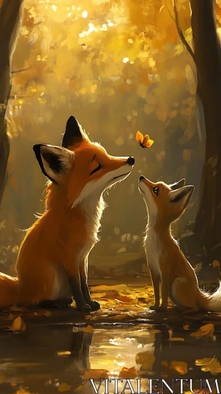 Two stylized foxes observe butterfly in backlit forest clearing