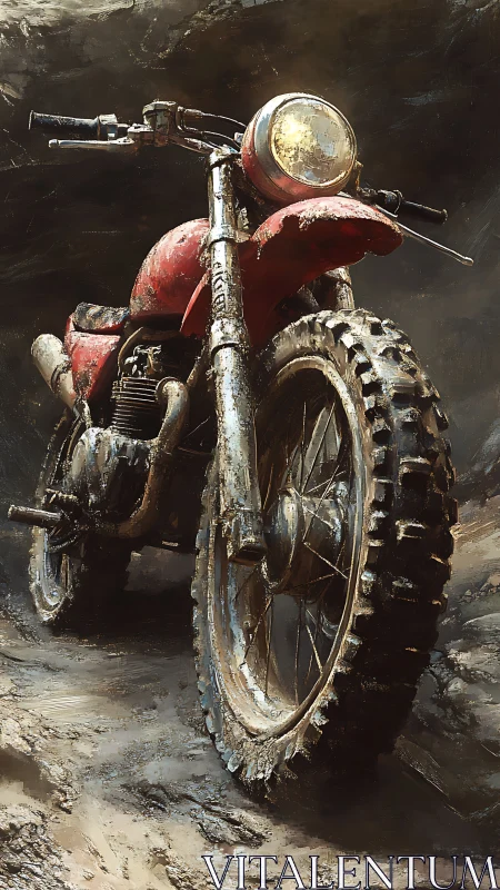 Weathered red dirt bike rests in rugged muddy ravine.