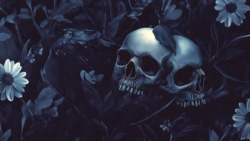 Twin skulls rest quietly among moonlit flowers and leaves