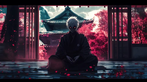 Dark samurai meditates before temple under crimson trees