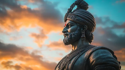 Noble warrior statue gazes calmly into a glowing sunset sky