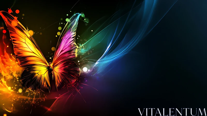 Radiant neon butterfly wings ignite swirling cosmic light.