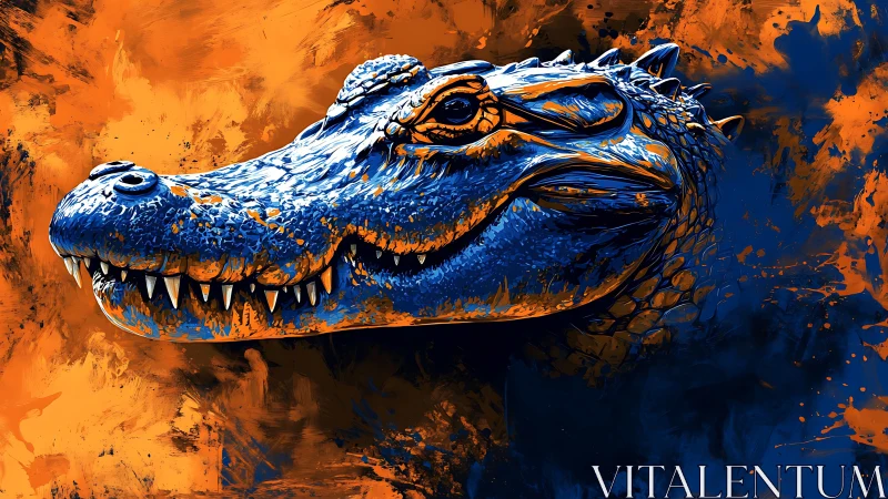 Fierce blue alligator head blazes against orange chaos