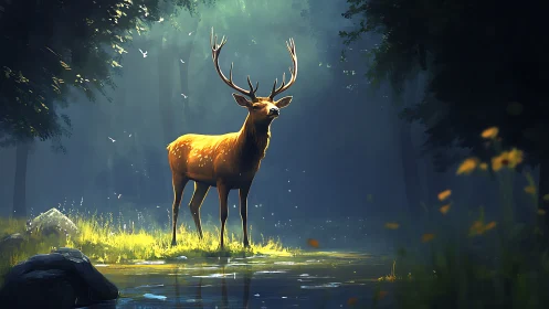 Sunlit stag pauses beside a quiet forest mirror of water.