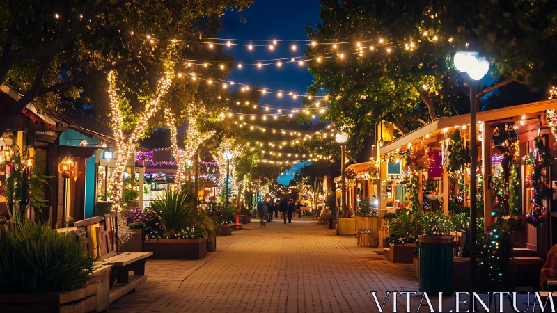 Pedestrian shopping street with evening decorative lighting.