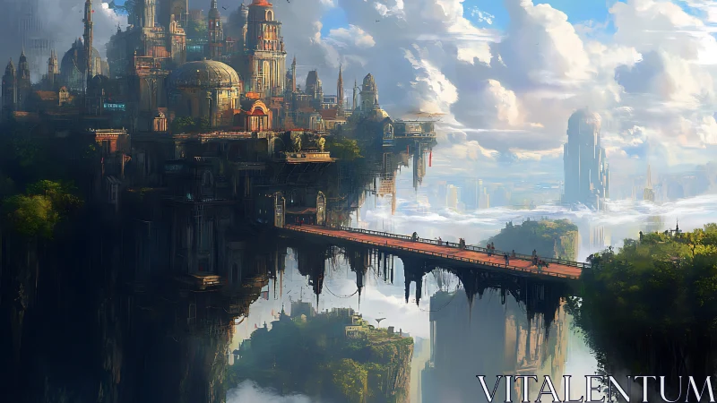 Elevated sky citadel with suspended bridge in digital painting.