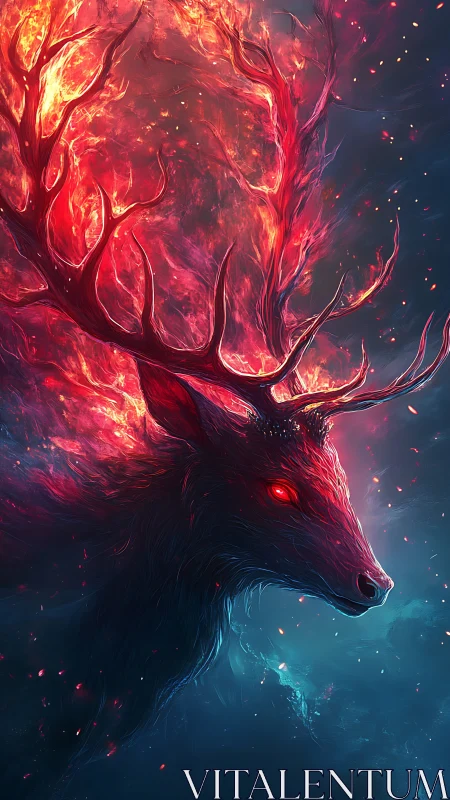 Ember-crowned stag strides through a storm of cosmic embers