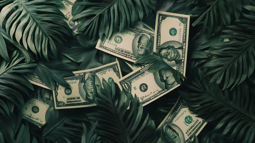 Dollar bills lie concealed under dense tropical palm leaves