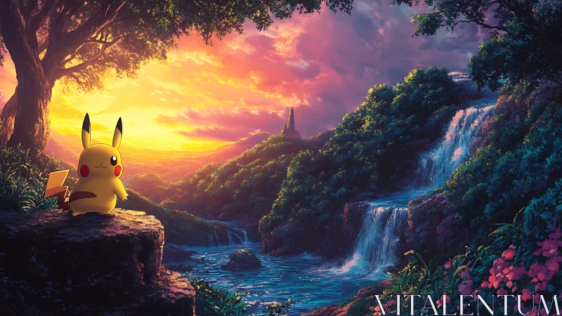 Pikachu on cliff at vivid sunset over lush waterfalls.