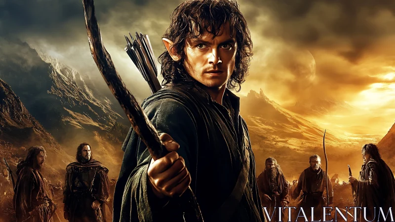 Elven archer leads weary fellowship through burning valley.