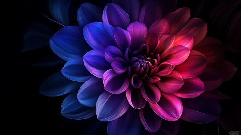 Gradient-illuminated dahlia rendered with chromatic transition techniques